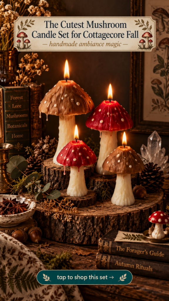 Handmade sculpted mushroom candle set with red amanita for cottagecore mushroomcore fall decor