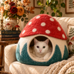 Handmade felt mushroom cat cave with red amanita cap for cottagecore mushroomcore pet bed decor