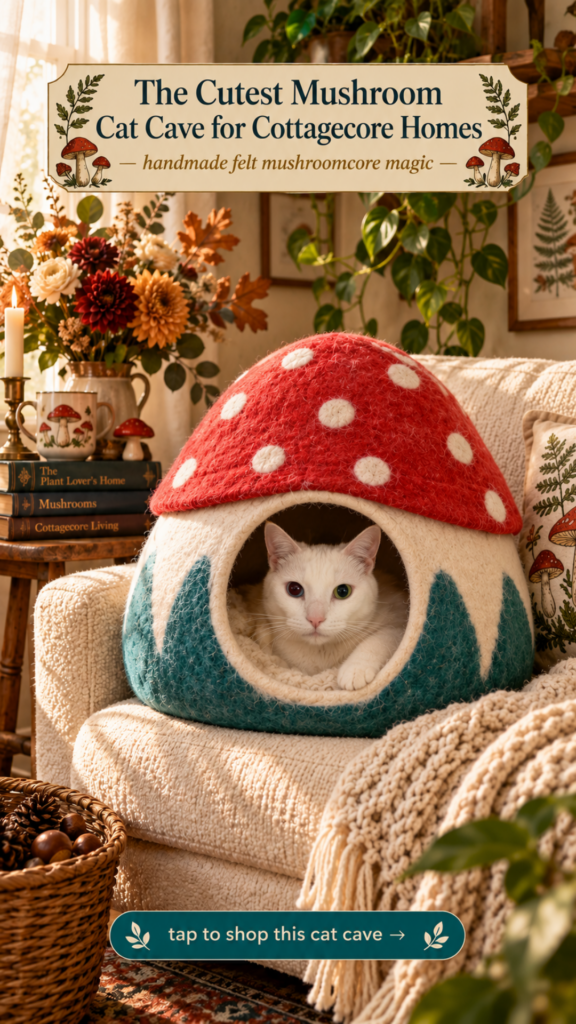 Handmade felt mushroom cat cave with red amanita cap for cottagecore mushroomcore pet bed decor