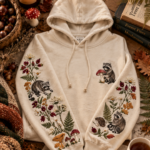 Cream embroidered cottagecore hoodie with mushrooms and raccoon for mushroomcore fall outfits