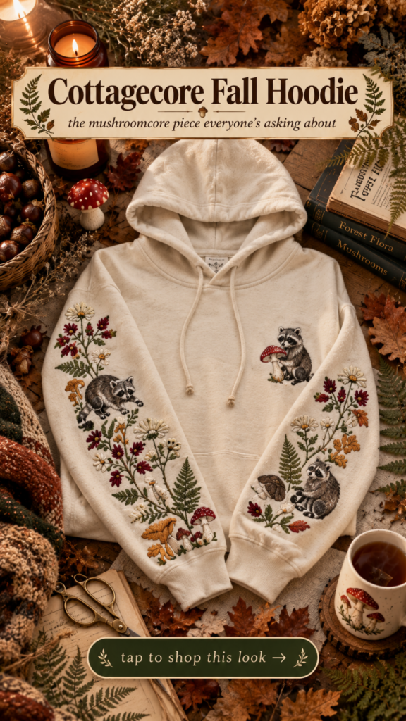 Cream embroidered cottagecore hoodie with mushrooms and raccoon for mushroomcore fall outfits