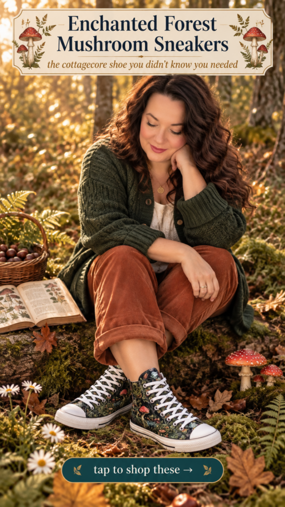 Mushroom print canvas high top sneakers for cottagecore mushroomcore outfits and fall fashion