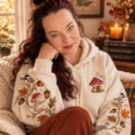 Cream embroidered hoodie with mushroom houses and woodland scene for cottagecore mushroomcore outfits