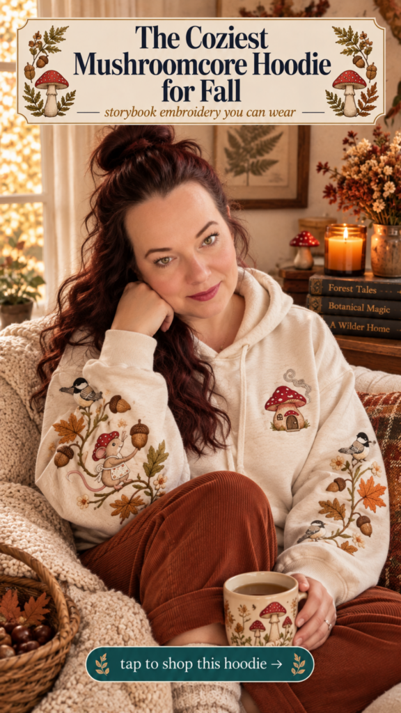 Cream embroidered hoodie with mushroom houses and woodland scene for cottagecore mushroomcore outfits