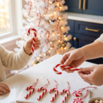 An adult and a child’s hands twisting red and white polymer clay into candy cane ornaments on a white counter, with a row of finished glossy candy canes and peppermint swirls on a baking tile and a white Christmas tree in the background.