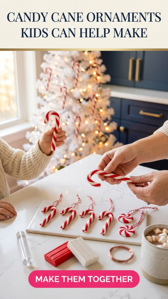 An adult and a child’s hands twisting red and white polymer clay into candy cane ornaments on a white counter, with a row of finished glossy candy canes and peppermint swirls on a baking tile and a white Christmas tree in the background.