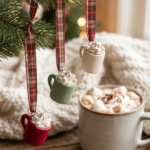 Miniature red, sage, and cream polymer clay hot cocoa mug ornaments with whipped cream tops, hanging from plaid ribbon beside a real mug of cocoa.