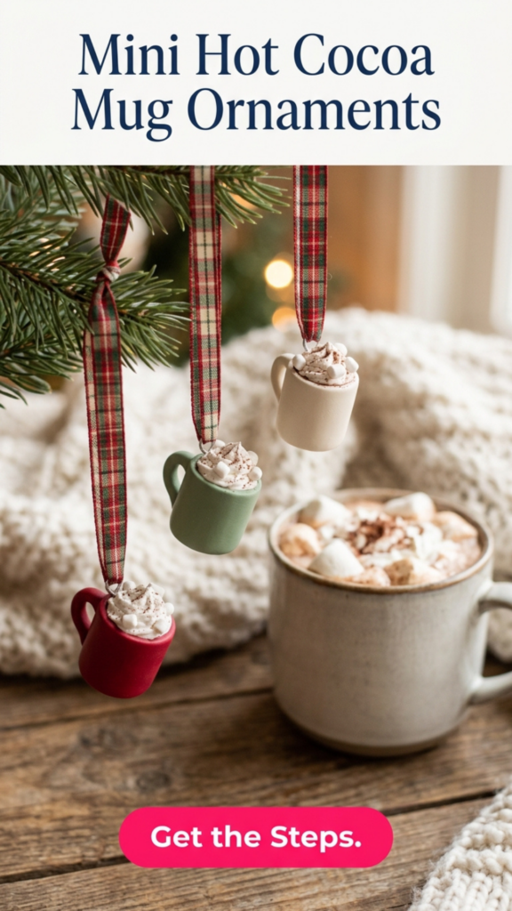 Miniature red, sage, and cream polymer clay hot cocoa mug ornaments with whipped cream tops, hanging from plaid ribbon beside a real mug of cocoa.