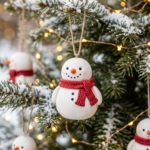 Chubby white polymer clay snowman ornaments with knit-texture red scarves and orange noses, hanging from twine on a snow-dusted Christmas tree with warm lights.
