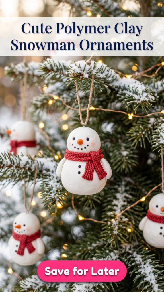 Chubby white polymer clay snowman ornaments with knit-texture red scarves and orange noses, hanging from twine on a snow-dusted Christmas tree with warm lights.