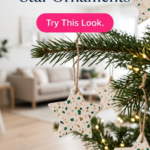 Cream polymer clay star ornaments with terrazzo chips in green, pink, gold, and navy, hanging from twine on a Christmas tree in a bright Scandinavian living room.