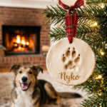 Round cream polymer clay ornament with a dog paw print and the name Nyko in gold script, hanging from a red plaid bow on a Christmas tree, with a happy dog by a fireplace.