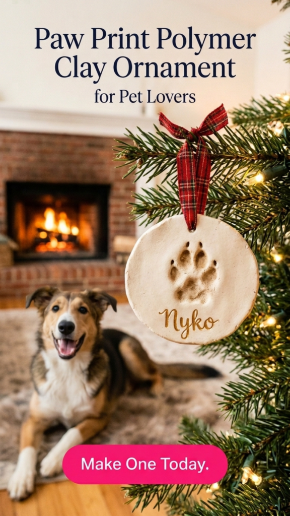 Round cream polymer clay ornament with a dog paw print and the name Nyko in gold script, hanging from a red plaid bow on a Christmas tree, with a happy dog by a fireplace.