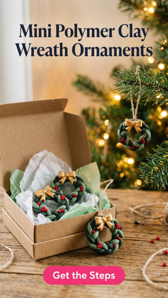 Small braided green polymer clay wreath ornaments with red berries and gold bows, in a kraft gift box and hanging on a Christmas tree.