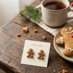 Tiny polymer clay gingerbread man stud earrings with white icing and red buttons on a cream earring card, beside a cup of tea and a real gingerbread cookie.