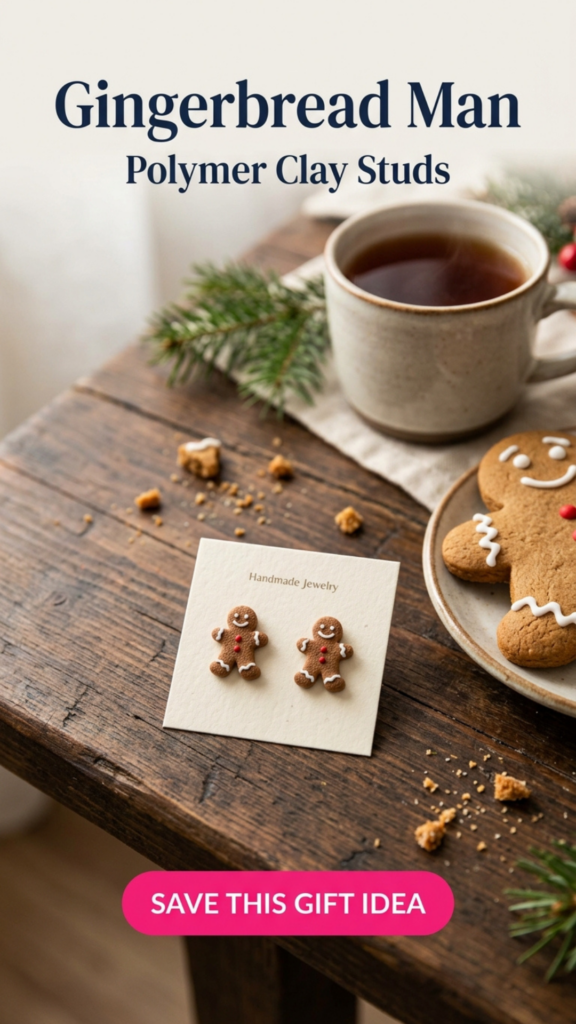 Tiny polymer clay gingerbread man stud earrings with white icing and red buttons on a cream earring card, beside a cup of tea and a real gingerbread cookie.
