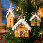 Three handmade polymer clay gingerbread house ornaments with snowy white roofs, candy cane door frames, white icing windows, and gumdrop details, hanging from red-and-white twine on a Christmas tree with warm fairy lights.