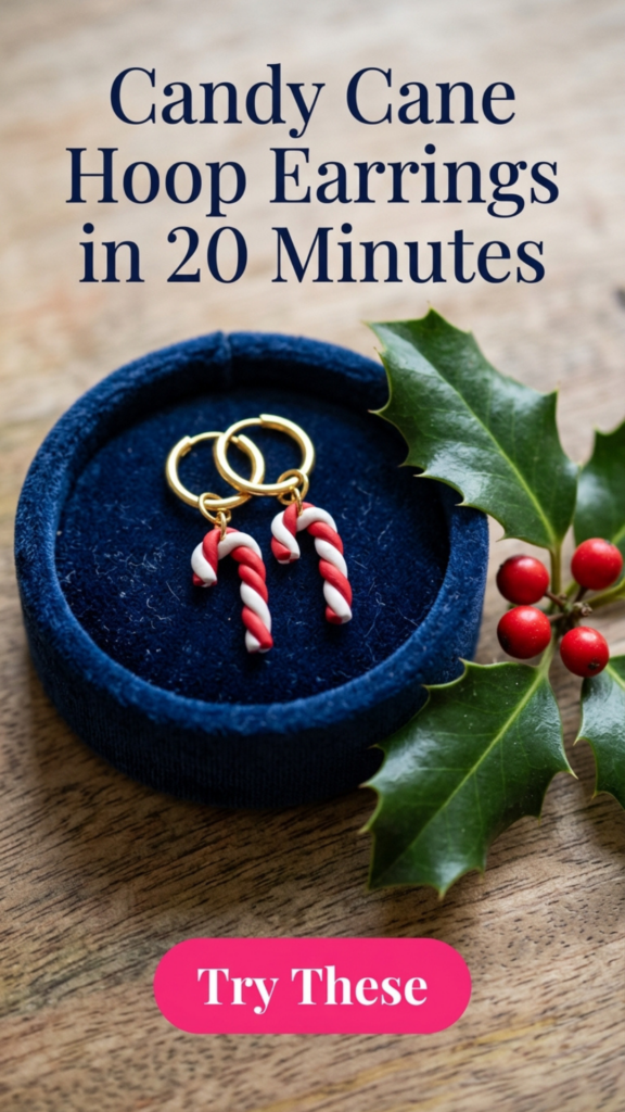 Gold hoop earrings with small red and white polymer clay candy cane charms on a navy velvet ring dish beside a sprig of holly with red berries.
