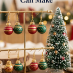 Polymer clay ornament bauble earrings in red, green, and gold with stripes, dots, and gold caps, hanging on a gold jewelry stand beside a mini bottle-brush tree.