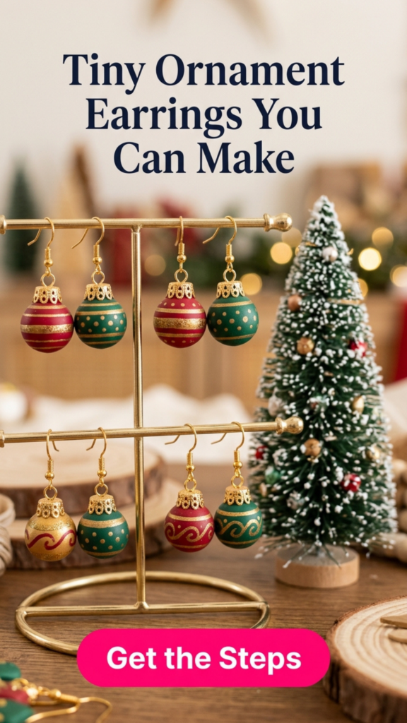 Polymer clay ornament bauble earrings in red, green, and gold with stripes, dots, and gold caps, hanging on a gold jewelry stand beside a mini bottle-brush tree.