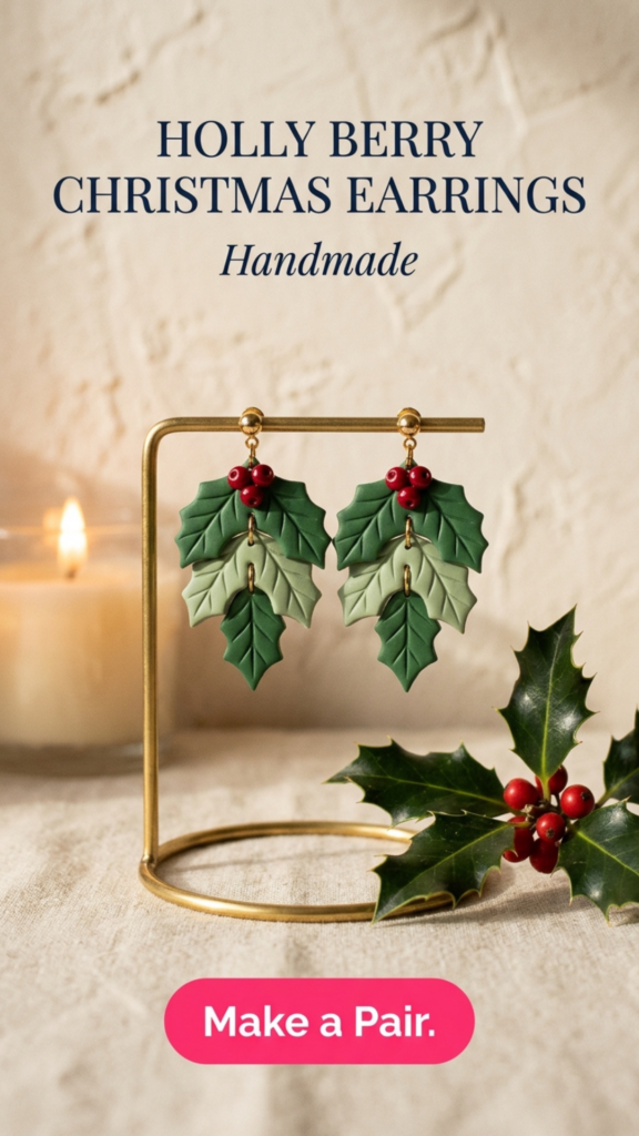 Layered green polymer clay holly leaf drop earrings with red berry clusters on gold studs, displayed on a gold stand beside a candle and fresh holly.