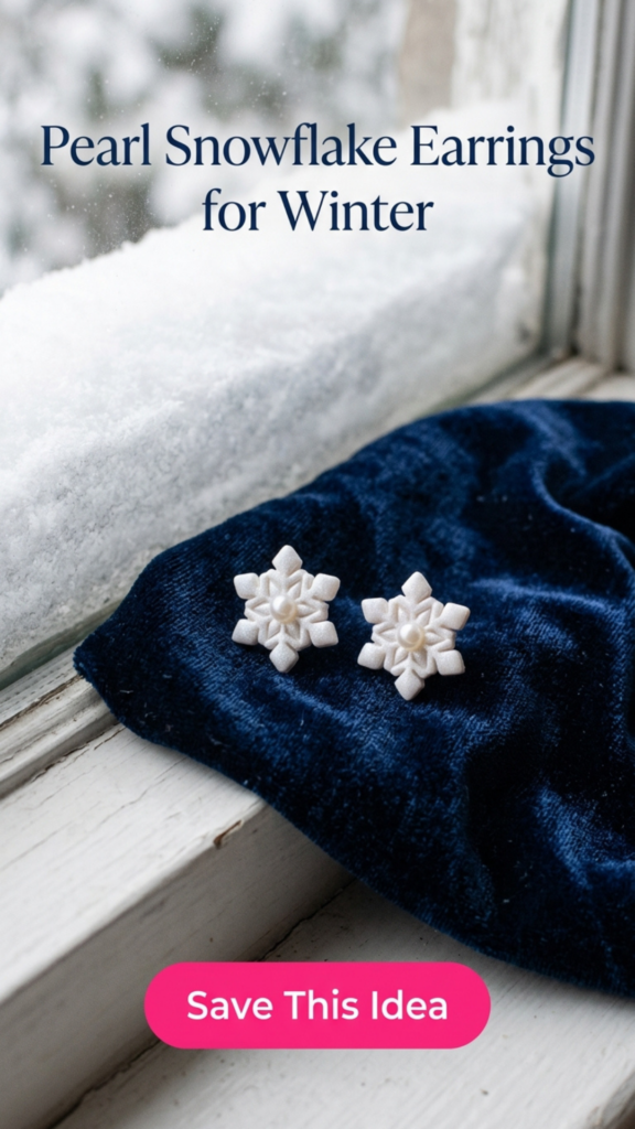 Pair of white polymer clay snowflake stud earrings with pearl centers resting on navy velvet on a snowy windowsill.