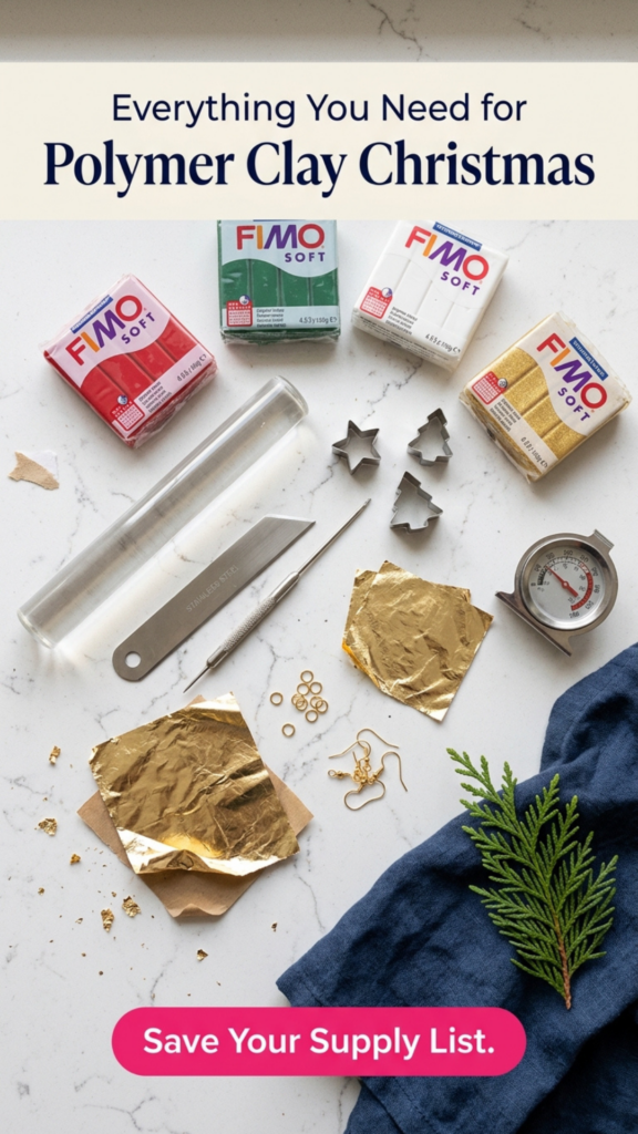 Flat lay of polymer clay supplies on white marble, including red, green, white, and gold Fimo Soft blocks, an acrylic roller, a blade, mini cutters, gold leaf, earring hooks, jump rings, and an oven thermometer.