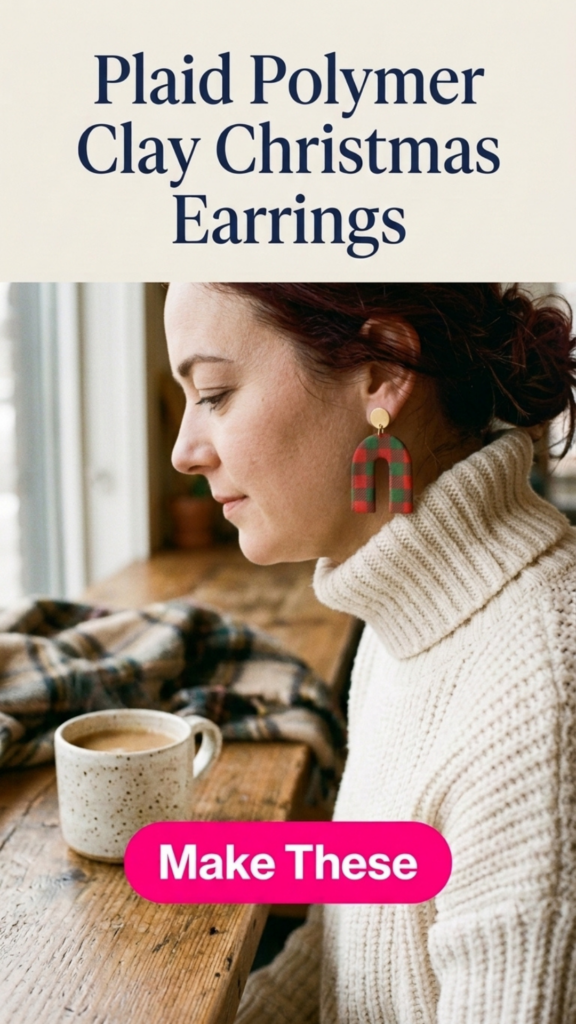 : Woman in a cream turtleneck sweater wearing a red and green buffalo check polymer clay arch earring with a gold stud, sitting by a window with a mug of coffee.