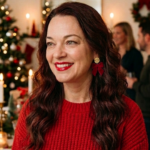 Smiling woman with long dark auburn hair in a red sweater wearing red polymer clay bow earrings with gold studs at a candlelit holiday party.