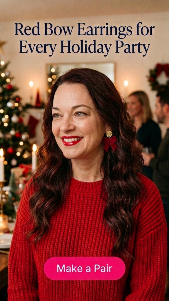 Smiling woman with long dark auburn hair in a red sweater wearing red polymer clay bow earrings with gold studs at a candlelit holiday party.