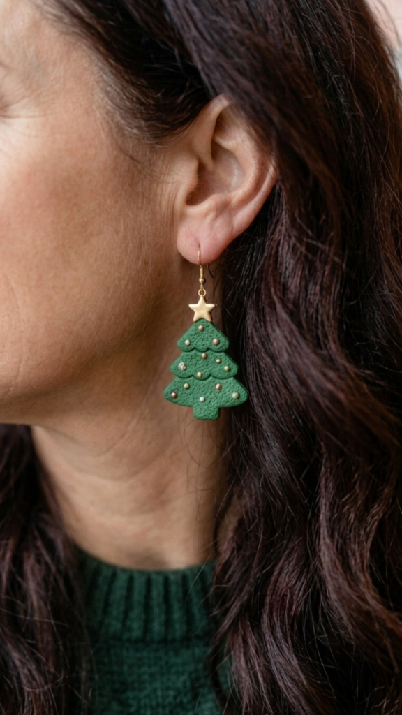 Close-up of a woman with long dark hair wearing a green polymer clay Christmas tree earring with tiny gold dots and a gold star on a gold hook.