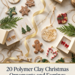 Flat lay of handmade polymer clay Christmas ornaments and earrings on white marble, including marbled gold-leaf ornaments, gingerbread cookies, a 2026 ornament, Christmas tree earrings, candy cane earrings, and red bow studs, with cedar sprigs and gold ribbon.