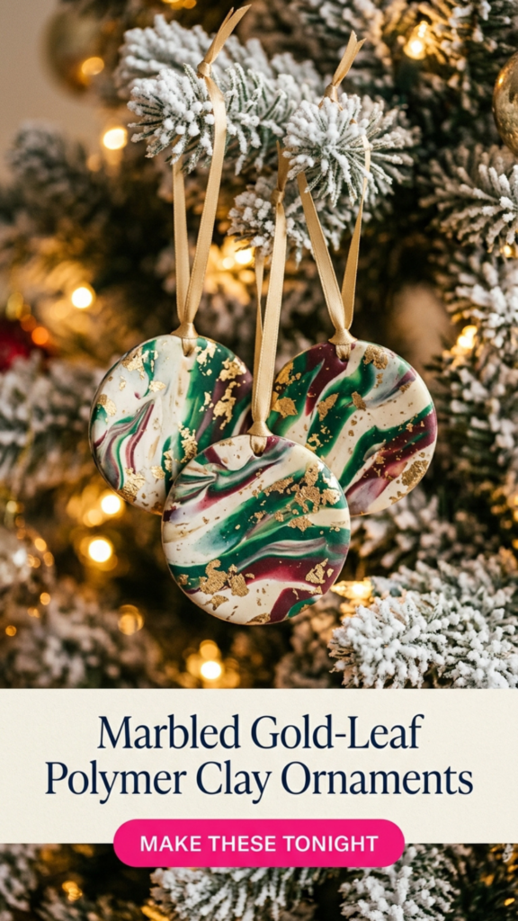 Three round marbled polymer clay ornaments in white, emerald green, and burgundy swirls with gold leaf flakes, hanging from gold ribbons on a flocked Christmas tree with warm lights.
