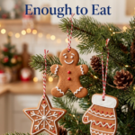 Polymer clay gingerbread ornaments shaped like a gingerbread man, a star, and a mitten with white icing details, hanging from red-and-white twine on a Christmas tree.