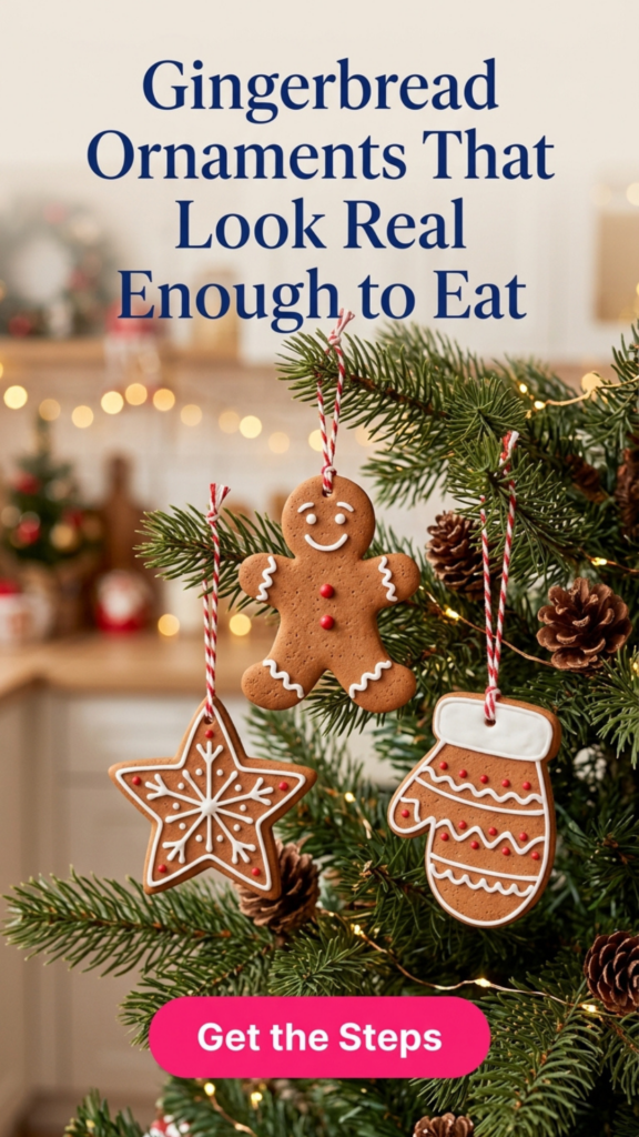Polymer clay gingerbread ornaments shaped like a gingerbread man, a star, and a mitten with white icing details, hanging from red-and-white twine on a Christmas tree.