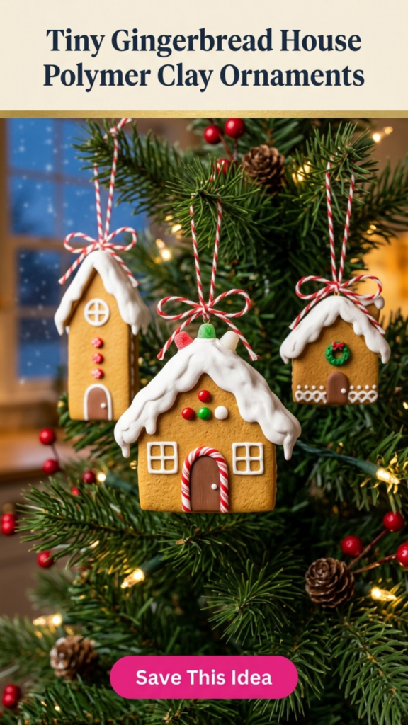Three handmade polymer clay gingerbread house ornaments with snowy white roofs, candy cane door frames, white icing windows, and gumdrop details, hanging from red-and-white twine on a Christmas tree with warm fairy lights.