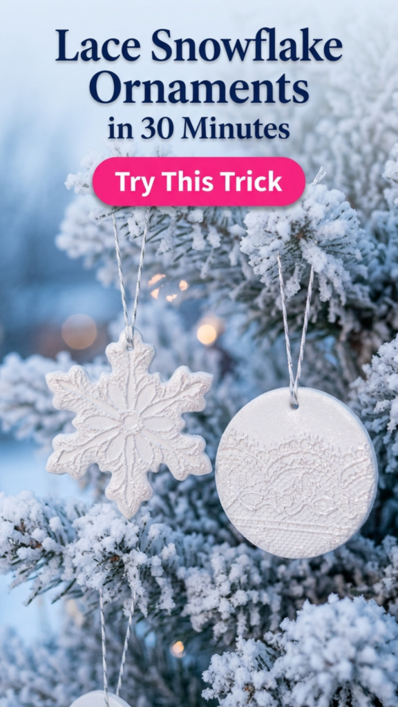 White polymer clay snowflake and round ornaments with pressed vintage lace texture and pearl shimmer, hanging on a frosted evergreen tree.