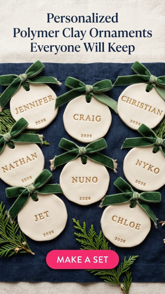 Eight cream polymer clay ornaments stamped with family names and 2026 in gold letters, tied with green velvet bows on a navy linen runner with cedar sprigs.