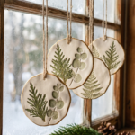 Cream polymer clay ornaments with real cedar, fern, and eucalyptus impressions and thin gold rims, hanging on twine in a frosted farmhouse window. Board: Polymer Clay Christmas