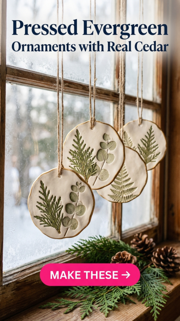 Cream polymer clay ornaments with real cedar, fern, and eucalyptus impressions and thin gold rims, hanging on twine in a frosted farmhouse window. Board: Polymer Clay Christmas
