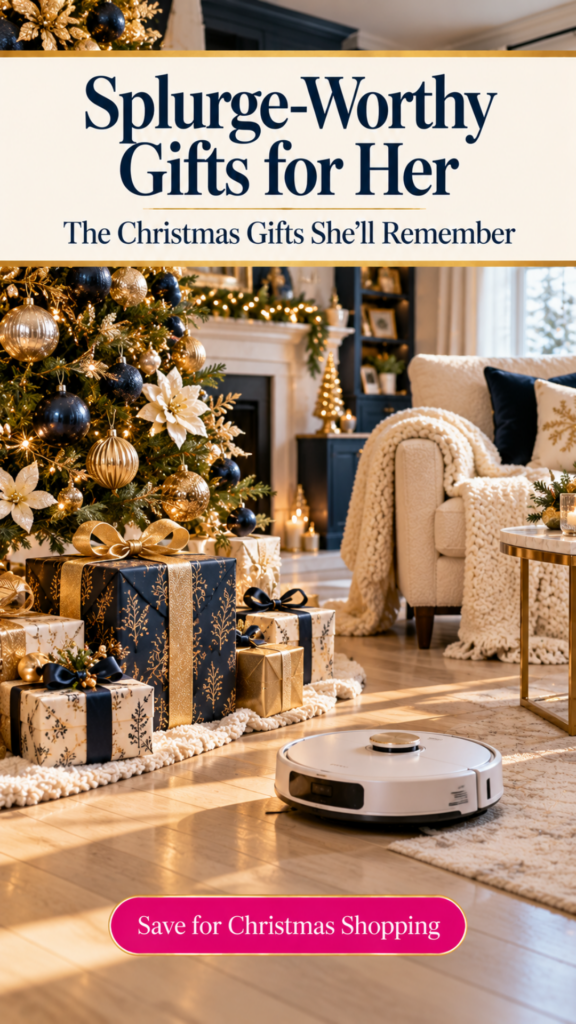 A white robot vacuum cleans a sunlit oak floor beside a Christmas tree decorated in navy and gold, with wrapped gifts underneath, a cream armchair with a chunky knit throw, and a decorated fireplace in the background.