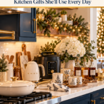 A luxury kitchen with navy cabinets, gold hardware, and white marble counters, decorated for Christmas with evergreen garland, holding a cream electric kettle, an Instant Pot, a cream pan on the stove, holiday mugs, and bottles of vanilla, caramel, and hazelnut syrup.