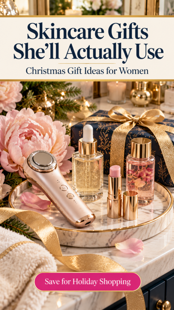 A rose-gold red light skincare wand glowing inside an open luxury gift box with cream tissue paper on a marble vanity, surrounded by gold ribbon, peony petals, and a serum bottle.