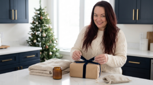 Jennifer Dawn smiling while tying a navy velvet bow on a kraft-wrapped gift next to a folded knit throw, an amber candle and a linen pouch of skincare, in a navy and gold kitchen with a Christmas tree