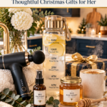 A black massage gun, a time-marked motivational water bottle with lemon slices, a bee propolis throat spray, a jar of raw honey with a wooden dipper, a latte mug, and a wrapped navy and gold gift on a marble counter in a navy and gold kitchen.