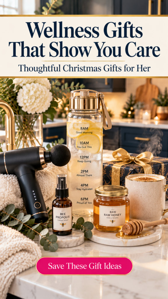 A black massage gun, a time-marked motivational water bottle with lemon slices, a bee propolis throat spray, a jar of raw honey with a wooden dipper, a latte mug, and a wrapped navy and gold gift on a marble counter in a navy and gold kitchen.
