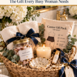 A woven self care gift basket on a marble bathroom counter, filled with rolled cream towels tied with navy ribbon, a lavender eucalyptus bath soak, a castor oil pack, a lit candle, a gold lip balm, and a speckled clay trinket dish, with white hydrangeas behind.