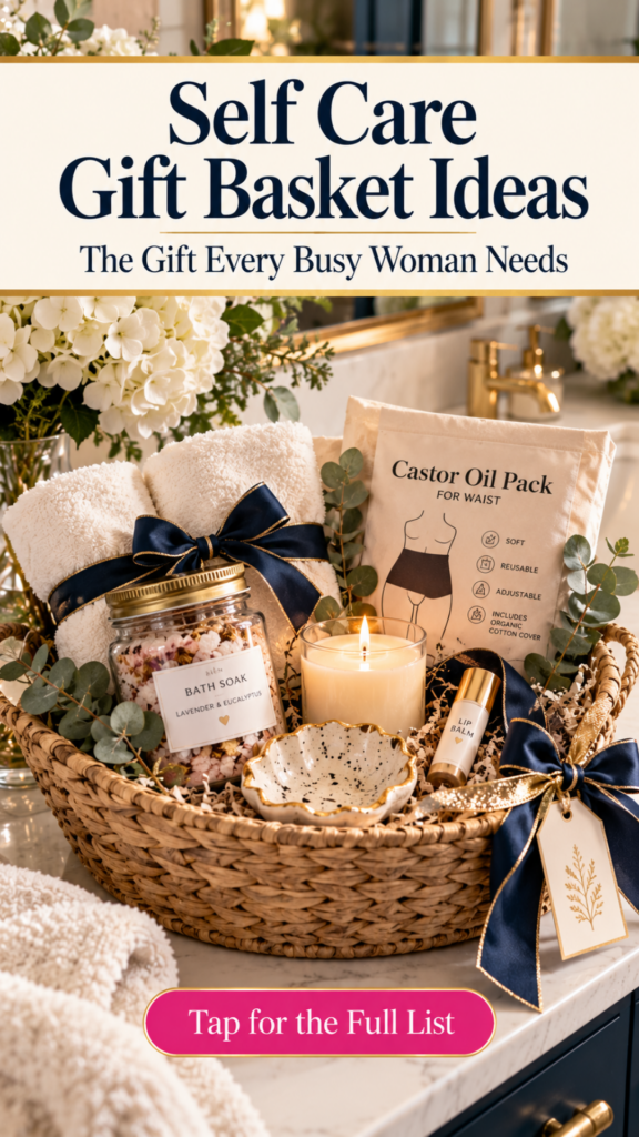 A woven self care gift basket on a marble bathroom counter, filled with rolled cream towels tied with navy ribbon, a lavender eucalyptus bath soak, a castor oil pack, a lit candle, a gold lip balm, and a speckled clay trinket dish, with white hydrangeas behind.