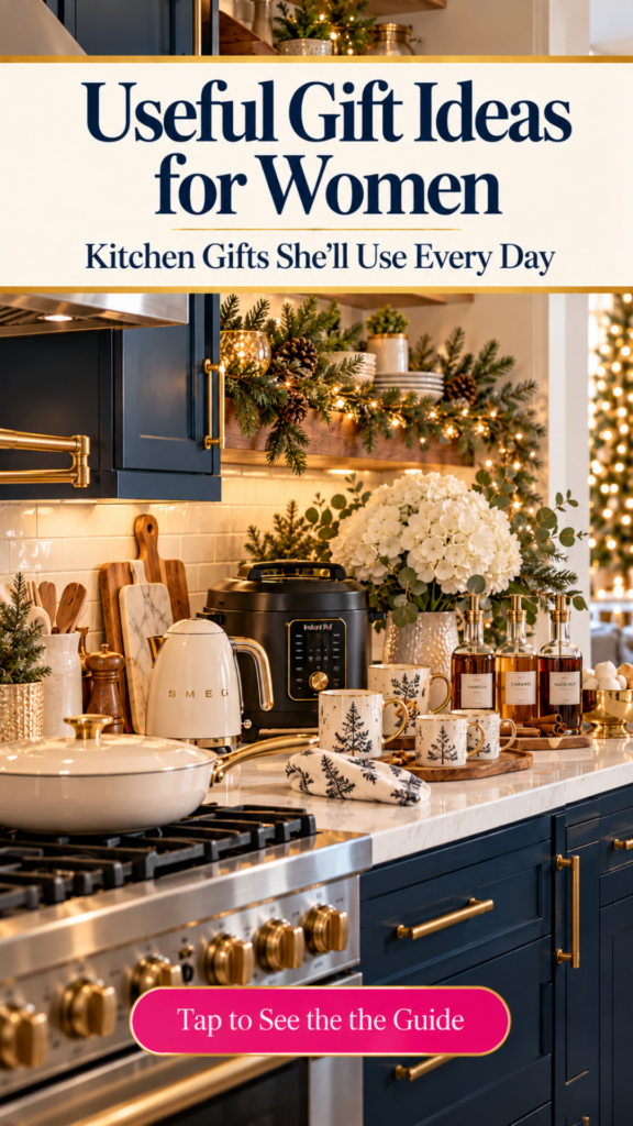 A luxury kitchen with navy cabinets, gold hardware, and white marble counters, decorated for Christmas with evergreen garland, holding a cream electric kettle, an Instant Pot, a cream pan on the stove, holiday mugs, and bottles of vanilla, caramel, and hazelnut syrup.