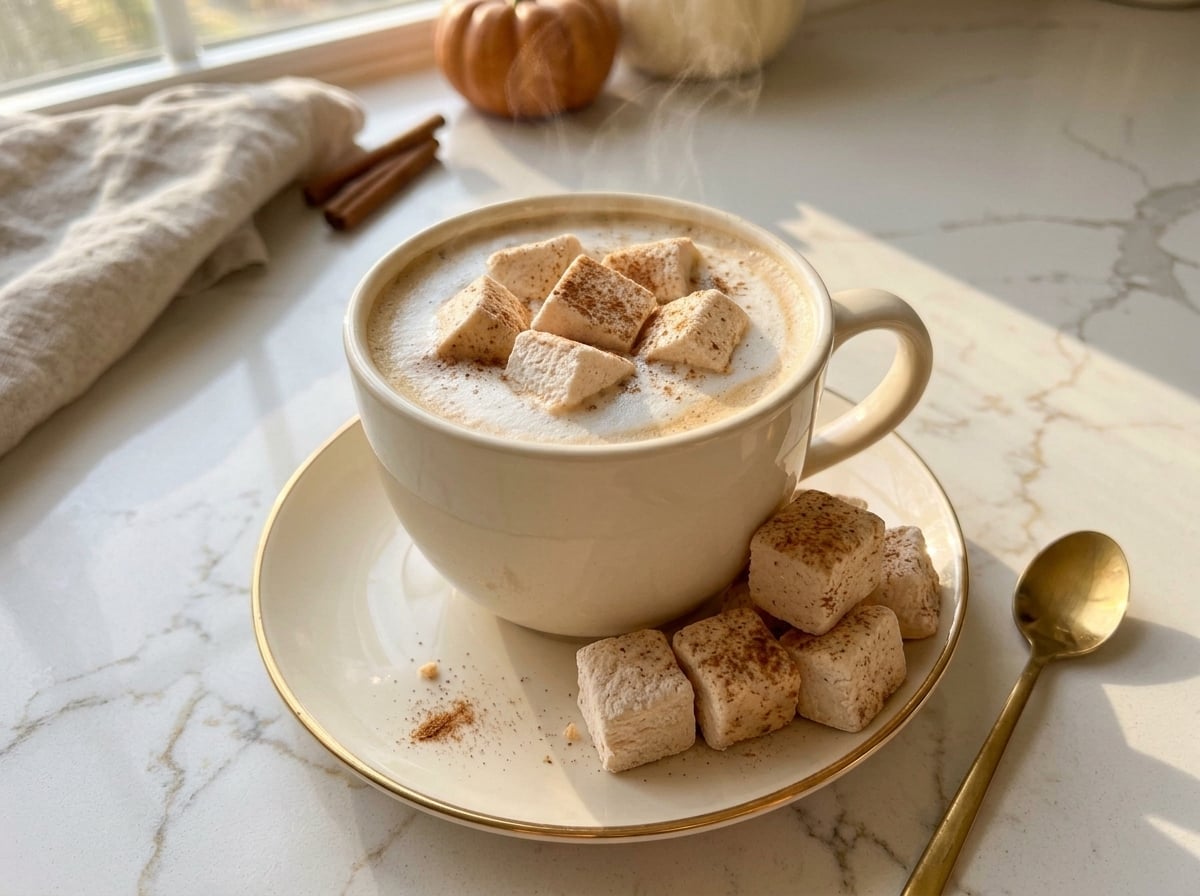 Cinnamon-dusted sugar-free pumpkin spice marshmallows floating on a frothy latte in a cream mug with a gold-rimmed saucer